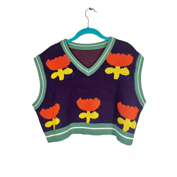 Unbranded Sweaters - Retro Sweater Vest S Purple Knit Floral Hippie Folk Indie Chic Y2K Colorful 80s